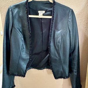Cache Black Leather Bead Trimmed Collarless Lined Jacket SIZE 8 BUT FITS LIKE 4